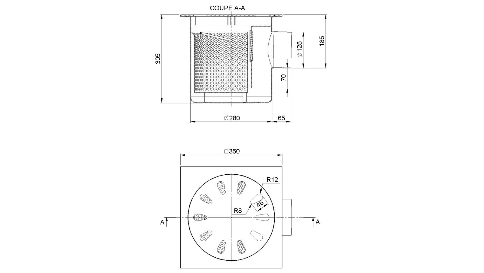 Schéma - 35125LP - Siphon 350x350 sortie latérale 125 mm