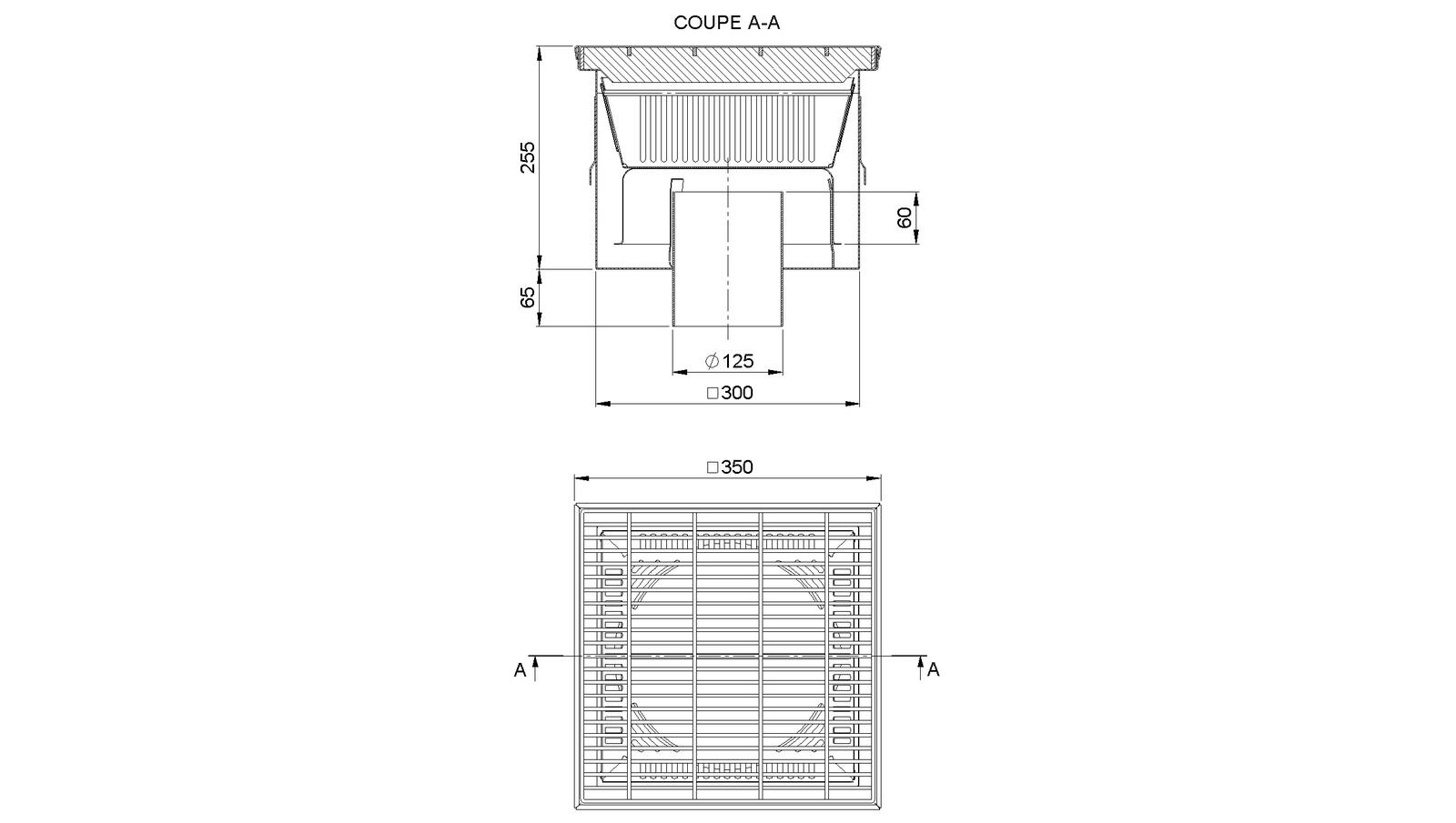 Schéma - 35125PCHB - Floor drain trap 350x350 with a vertical outlet 125 mm