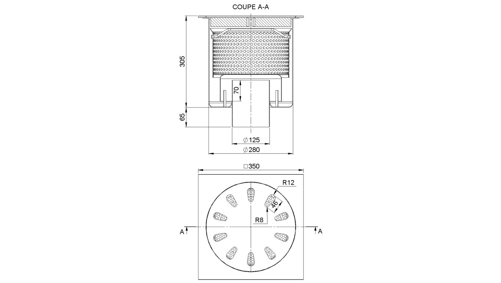 Schéma - 35125P - Siphon 350x350 sortie verticale 125 mm