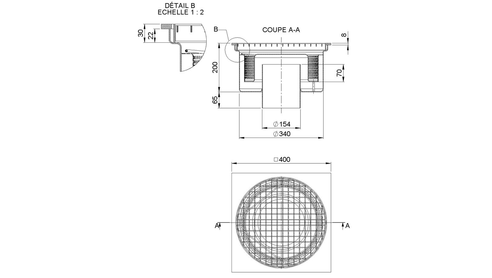 Schéma - 40150PF - Siphon 400x400 sortie verticale 150 mm