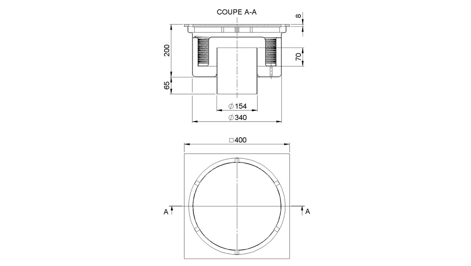 Schéma - 40150PRF - Siphon 400x400 sortie verticale 150 mm