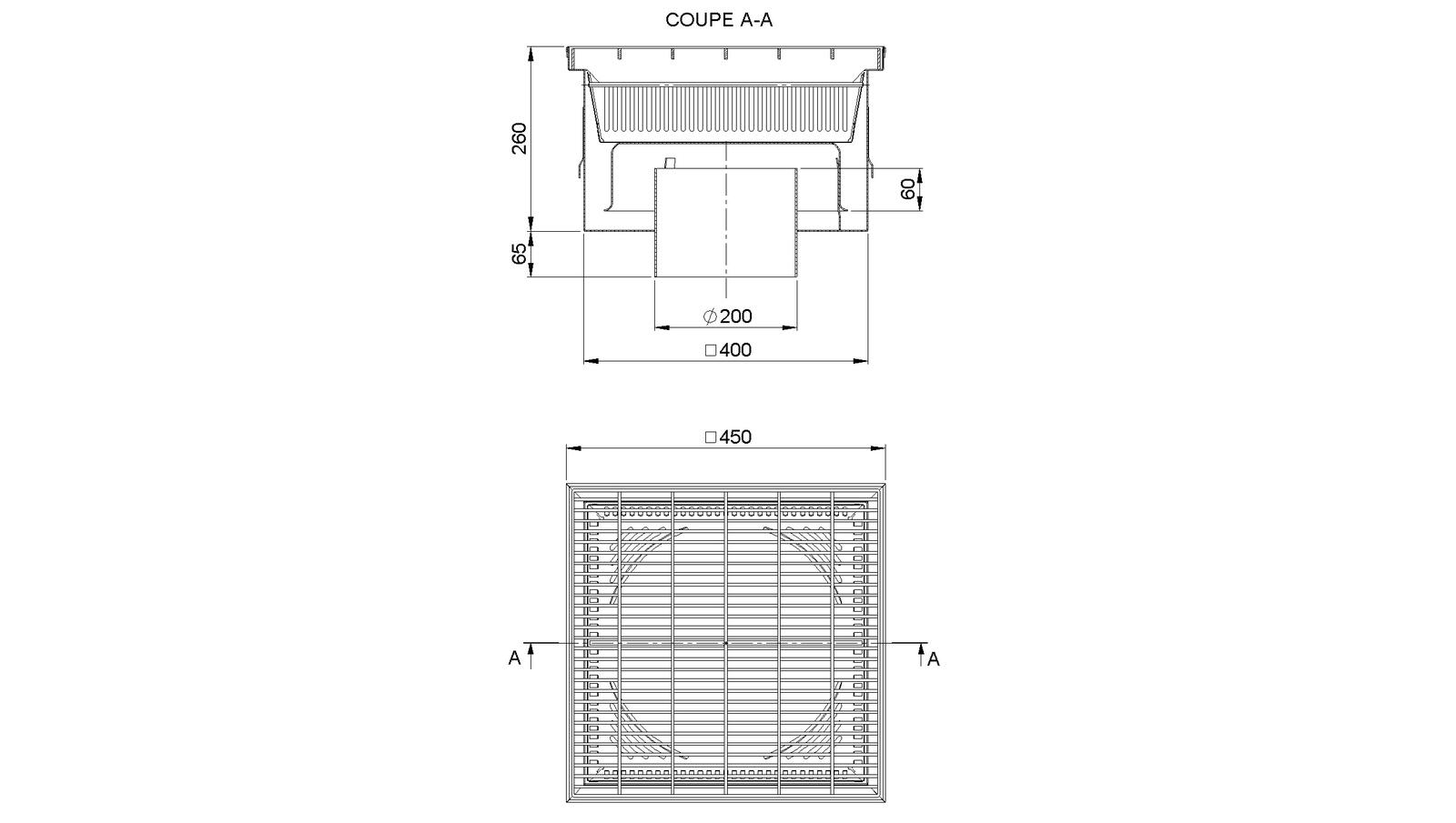 Schéma - 45200PCHB - Siphon 450x450 sortie verticale 200 mm