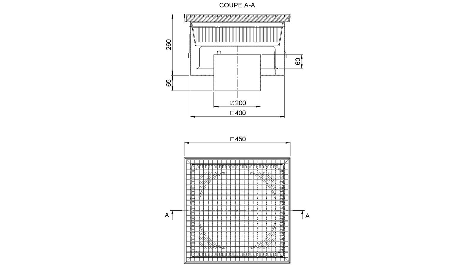 Schéma - 45200PCH - Floor drain trap 450x450 with a vertical outlet 200 mm