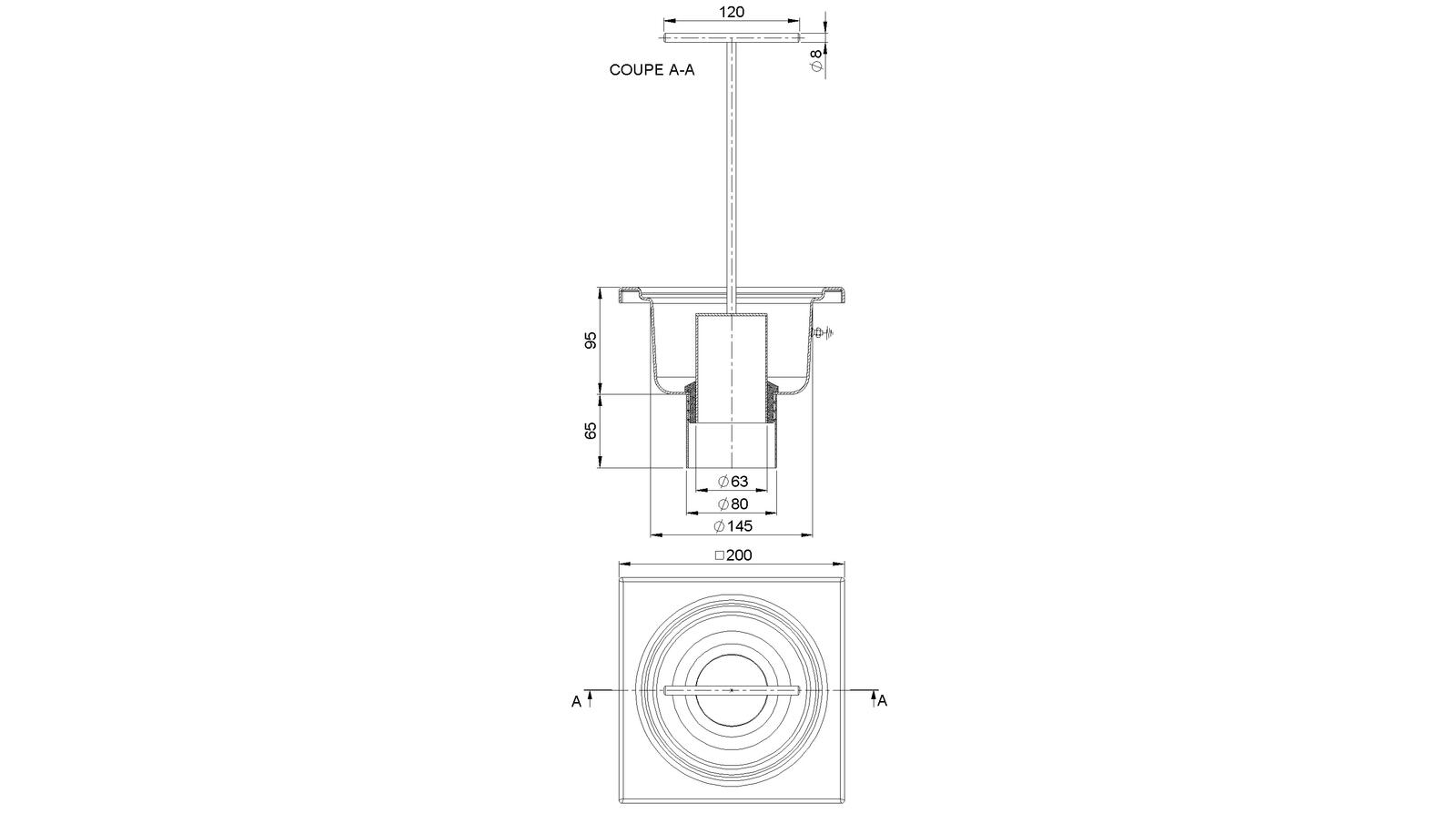 Schéma - 2080AZP - Gully-type floor drain trap 200x200 with a vertical outlet 80 mm