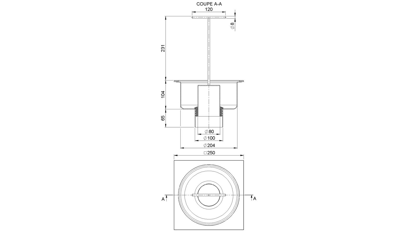 Schéma - A25100AZP - Gully-type floor drain trap 200x200 with a vertical outlet 100 mm