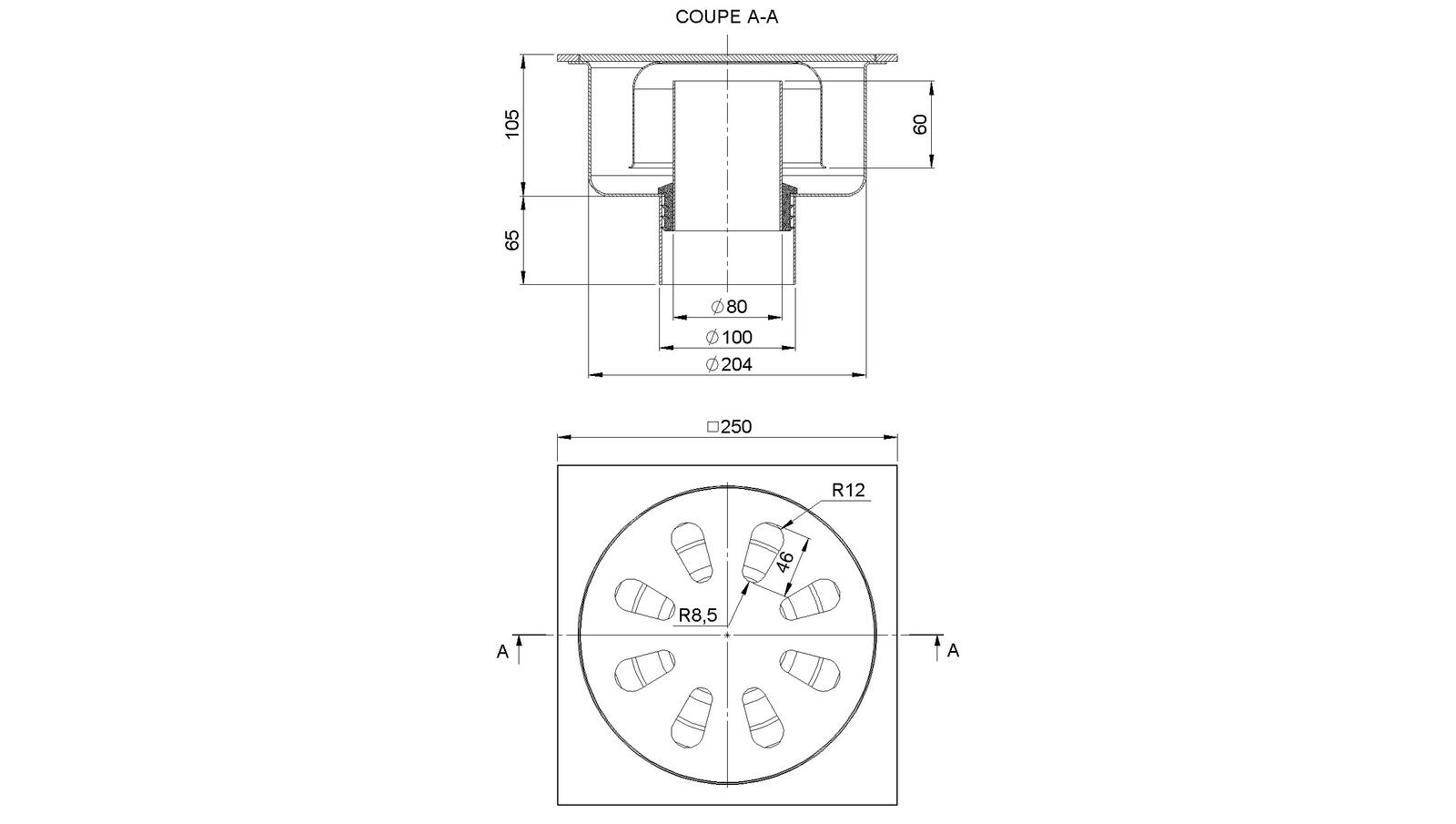 Schéma - A25100 - Siphon 250x250 sortie verticale 100 mm