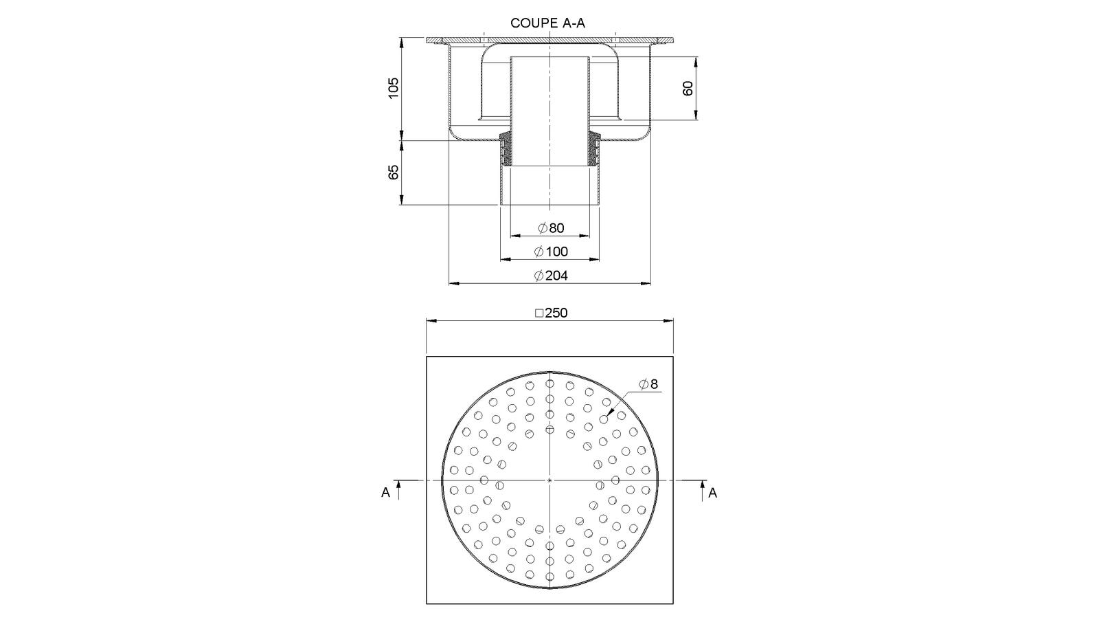 Schéma - A25100S - Siphon 250x250 sortie verticale 100 mm