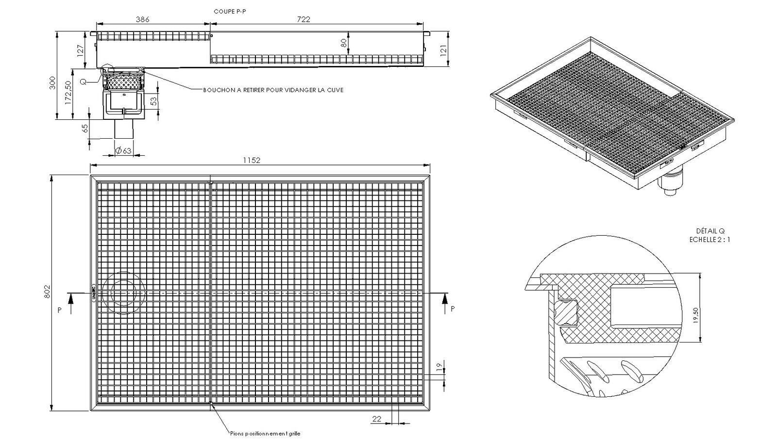 Schéma - LG8.11BCV - Pédiluve Lagune® 1152x802 à sortie verticale Ø 63 mm