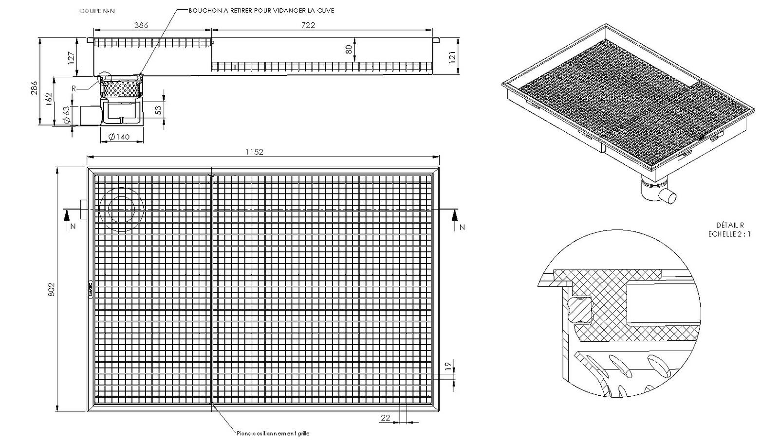 Schéma - LG8.11BEL - Pédiluve Lagune® 1152x802 à sortie latérale Ø 63 mm