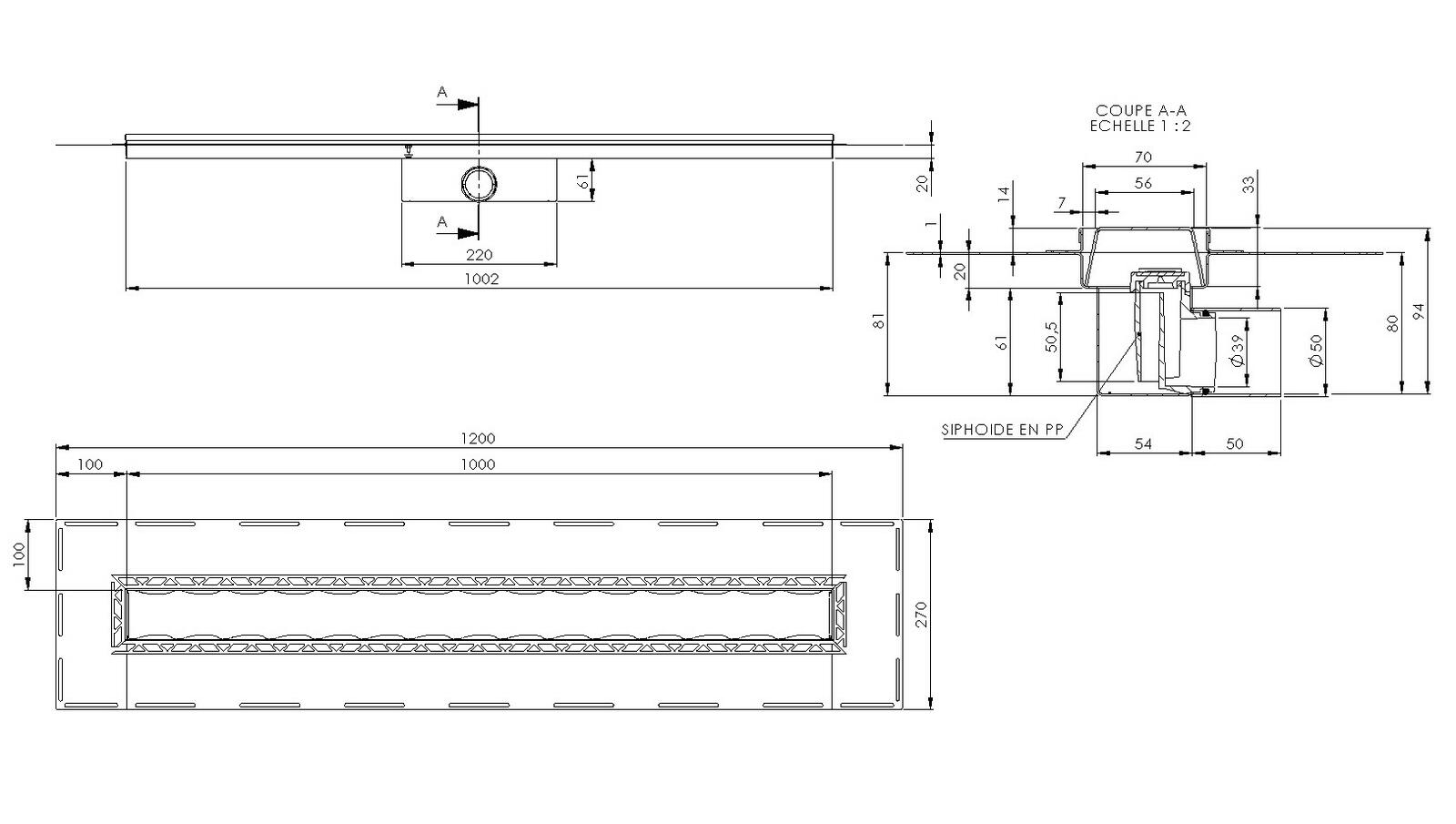 Schéma - RG100-CUIR - Rivage® drainage channel 1000 mm with a side outlet flat version 50 mm