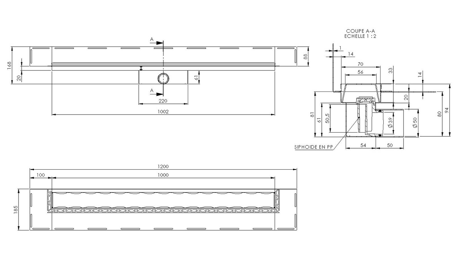 Schéma - RG100M-CUIR - Caniveau Rivage® 1000 mm version murale sortie latérale 50 mm