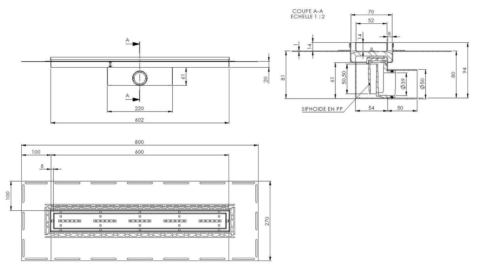 Schéma - RG60G - Caniveau Rivage® 600 mm version plane sortie latérale 50 mm