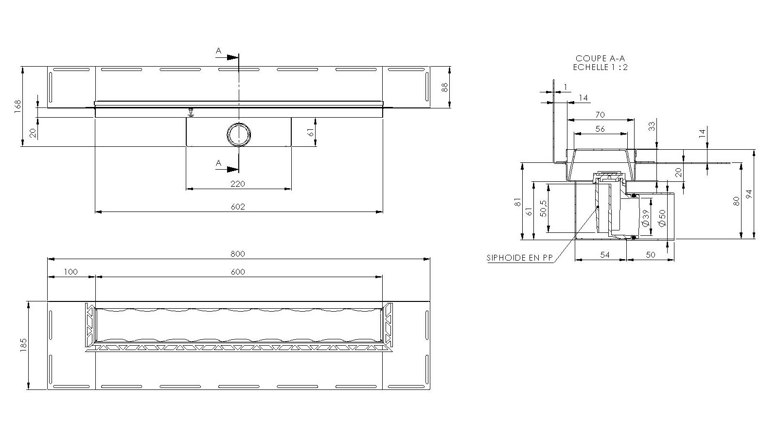 Schéma - RG60M-CUIR - Caniveau Rivage® 600 mm version murale sortie latérale 50 mm