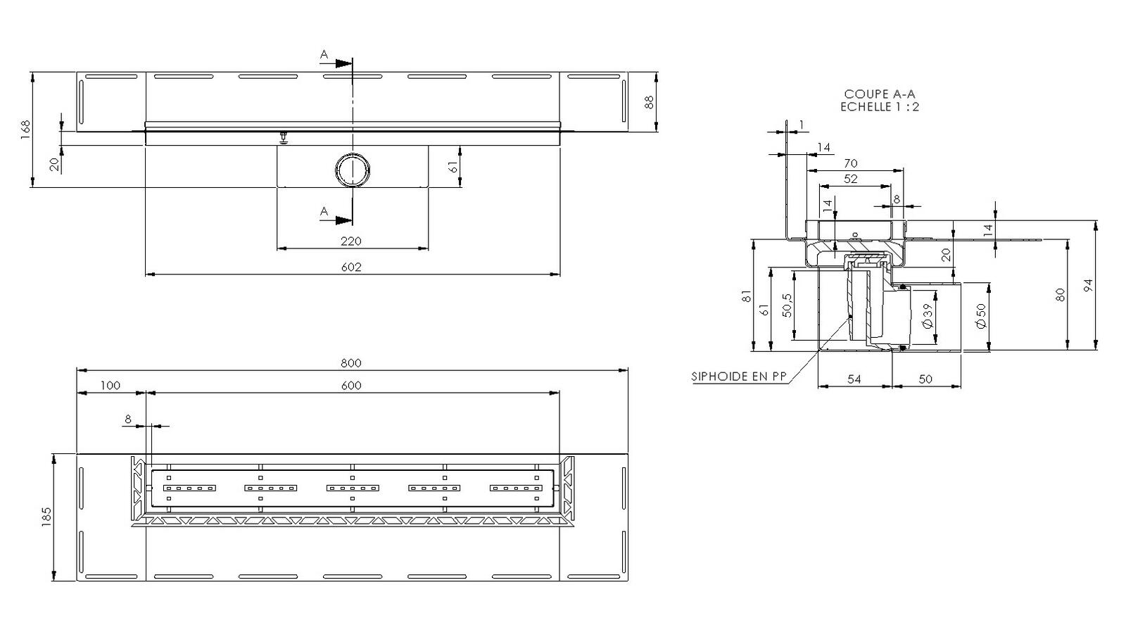 Schéma - RG60MG - Caniveau Rivage® 600 mm version murale sortie latérale 50 mm