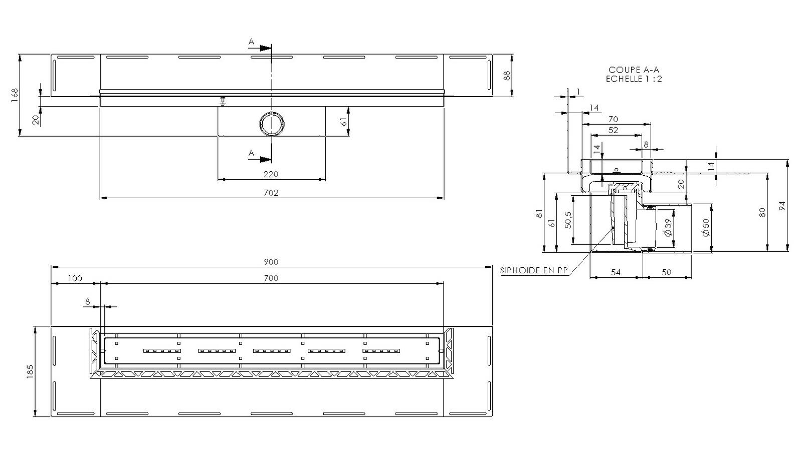 Schéma - RG70MG - Caniveau Rivage® 700 mm version murale sortie latérale 50 mm