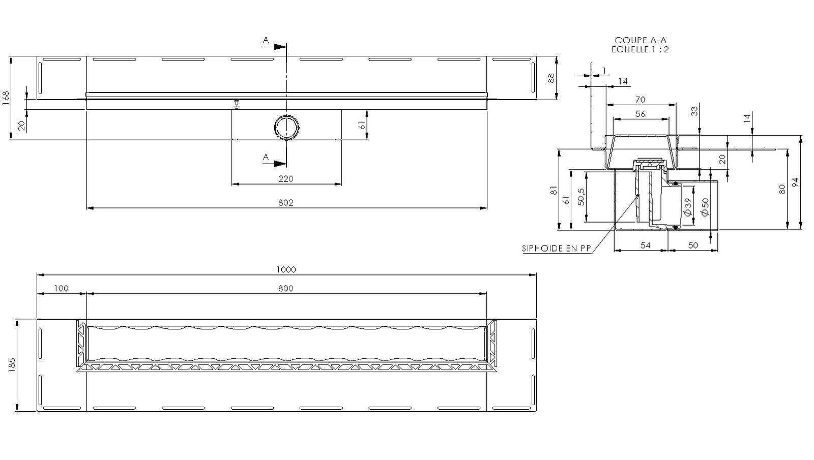 Schéma - RG80M-CUIR - Caniveau Rivage® 800 mm version murale sortie latérale 50 mm