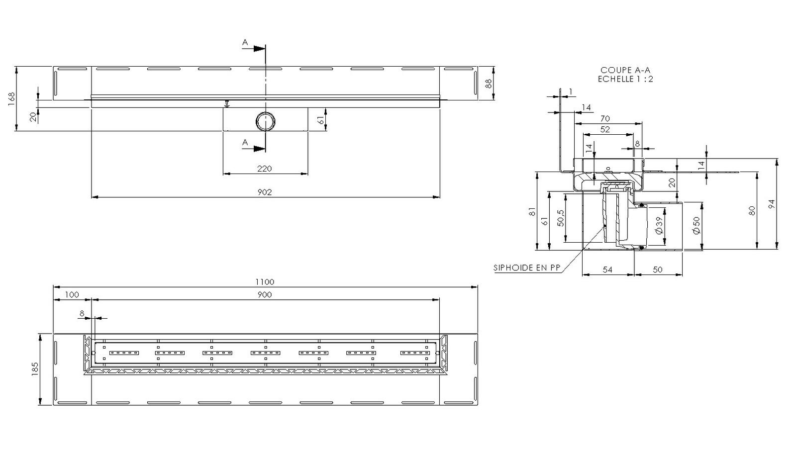 Schéma - RG90MG - Caniveau Rivage® 900 mm version murale sortie latérale 50 mm