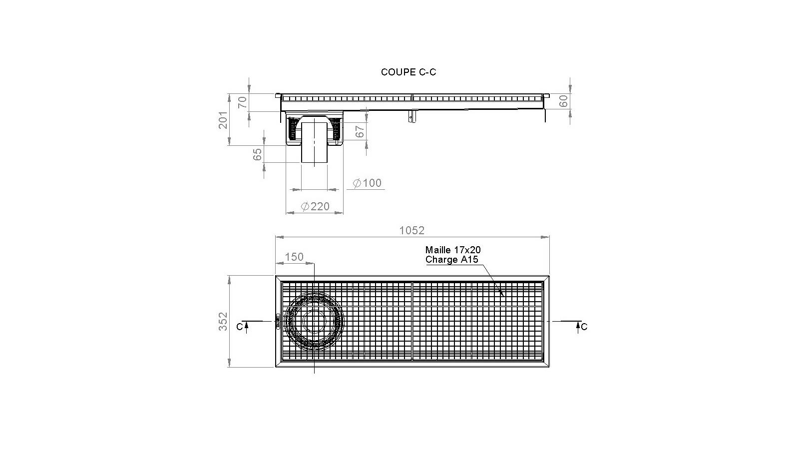 Schéma - RV3.10 - Caniveau Rivière® 1052x352 à sortie verticale 100 mm