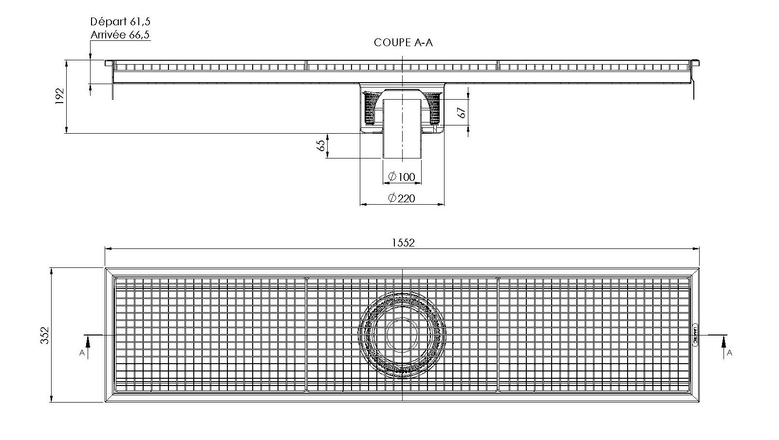Schéma - RV3.15C - Caniveau Rivière® 1552x352 à sortie verticale 100 mm