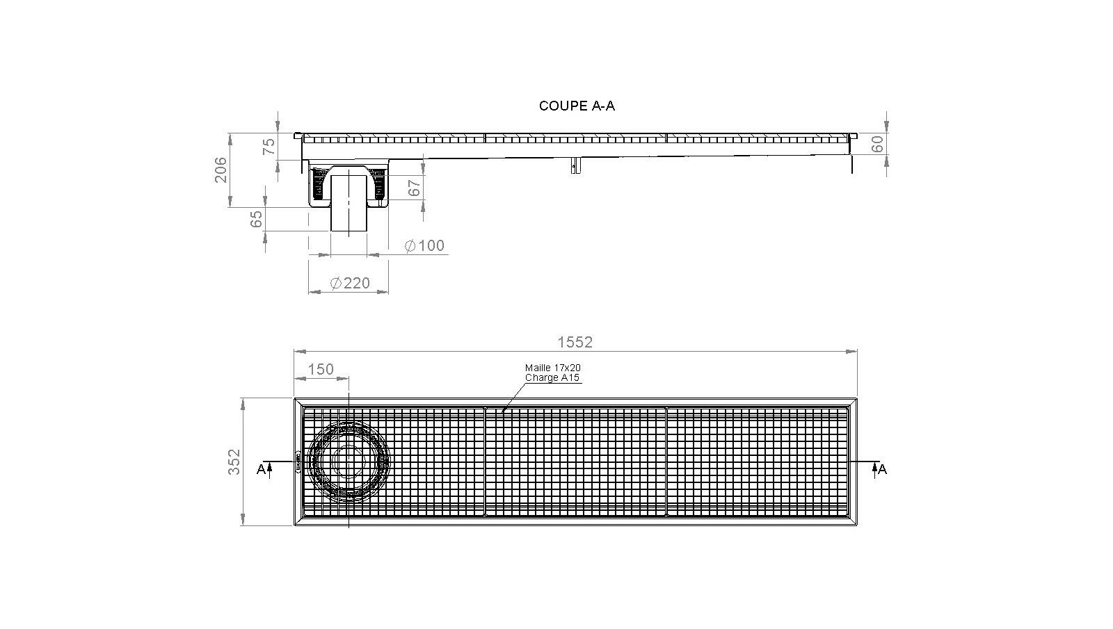 Schéma - RV3.15 - Caniveau Rivière® 1552x352 à sortie verticale 100 mm