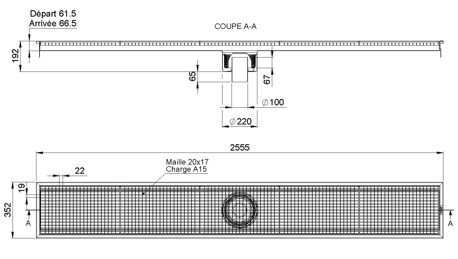 Schéma - RV3.25C - Caniveau Rivière® 2555x352 à sortie verticale 100 mm