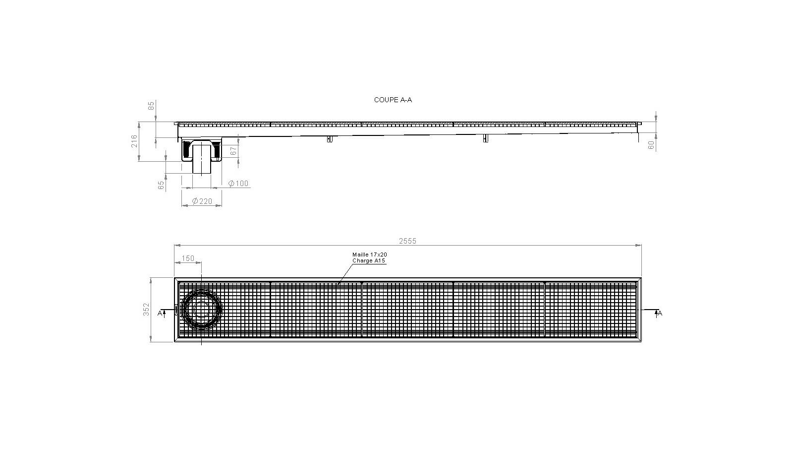 Schéma - RV3.25 - Caniveau Rivière® 2555x352 à sortie verticale 100 mm