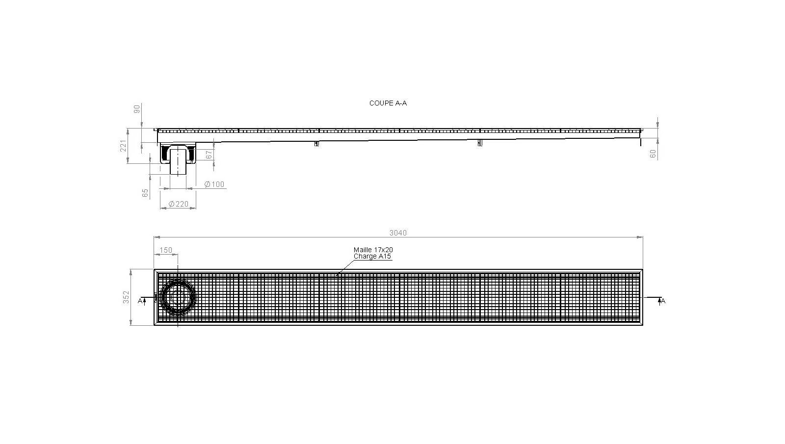 Schéma - RV3.30 - Caniveau Rivière® 3040x352 à sortie verticale 100 mm