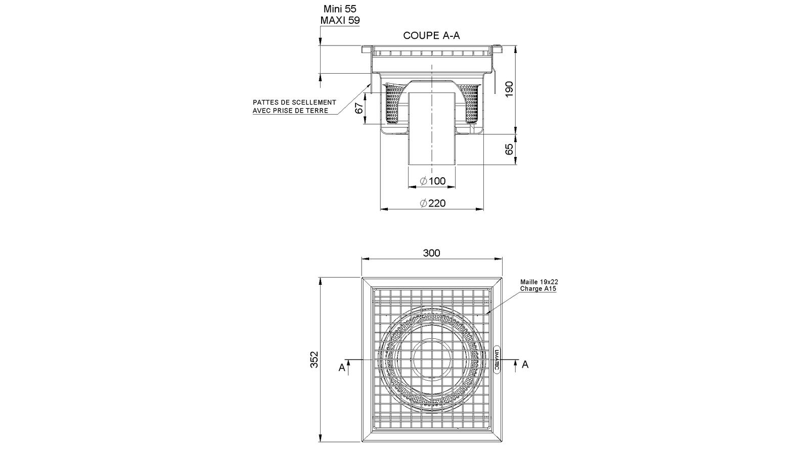 Schéma - RV3.3 - Caniveau Rivière® 300x352 à sortie verticale 100 mm