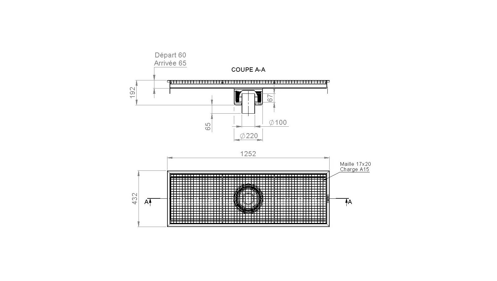 Schéma - RV4.12 - Caniveau Rivière® 1252x432 à sortie verticale 100 mm