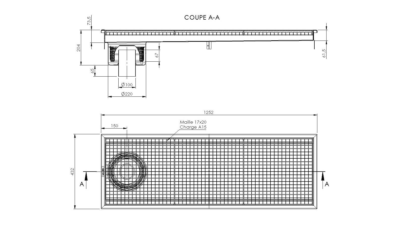 Schéma - RV4.12E - Caniveau Rivière® 1252x432 à sortie verticale 100 mm
