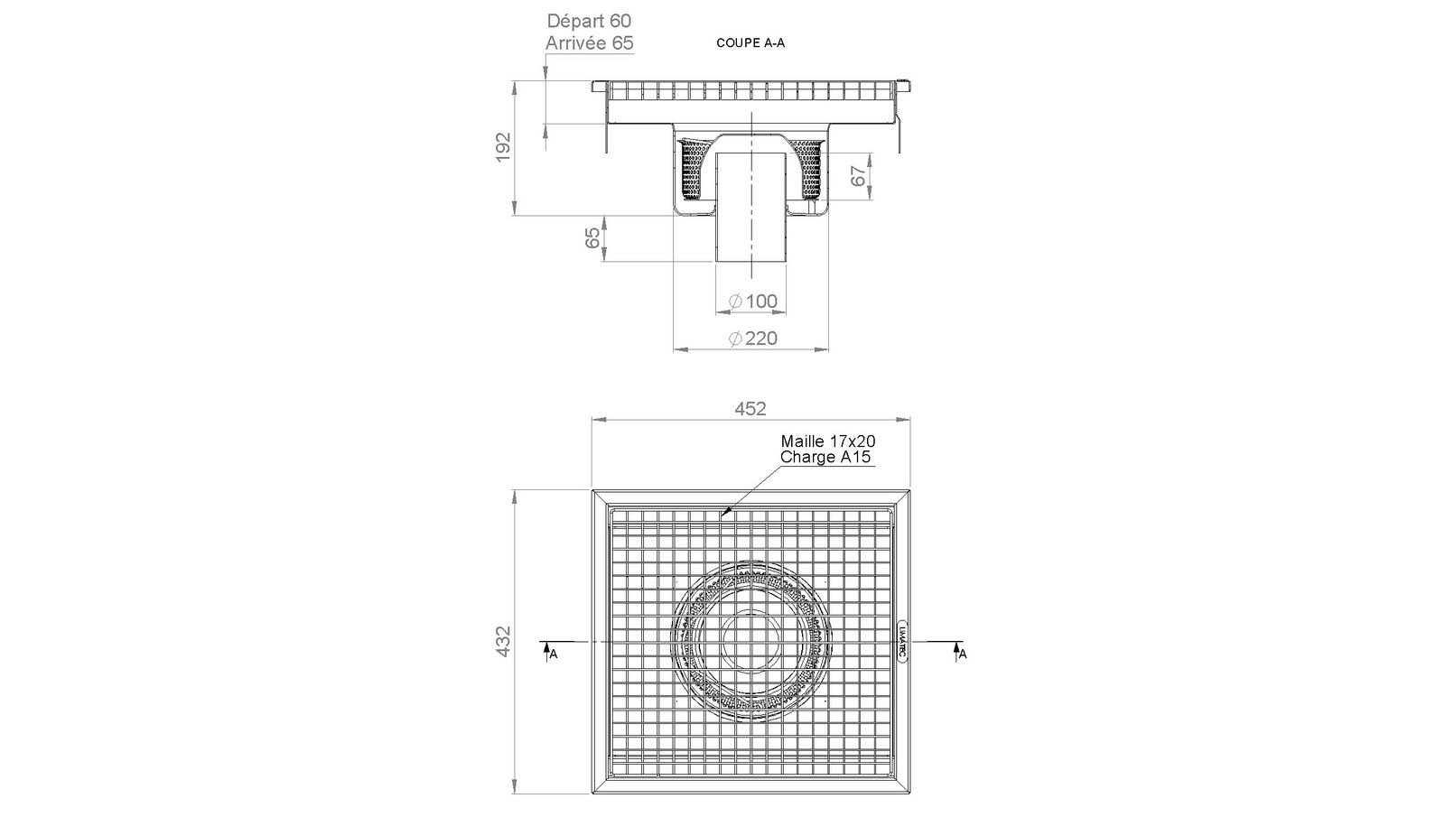 Schéma - RV4.4 - Caniveau Rivière® 452x432 à sortie verticale 100 mm