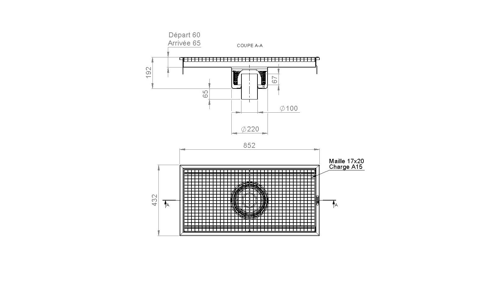 Schéma - RV4.8 - Caniveau Rivière® 852x432 à sortie verticale 100 mm