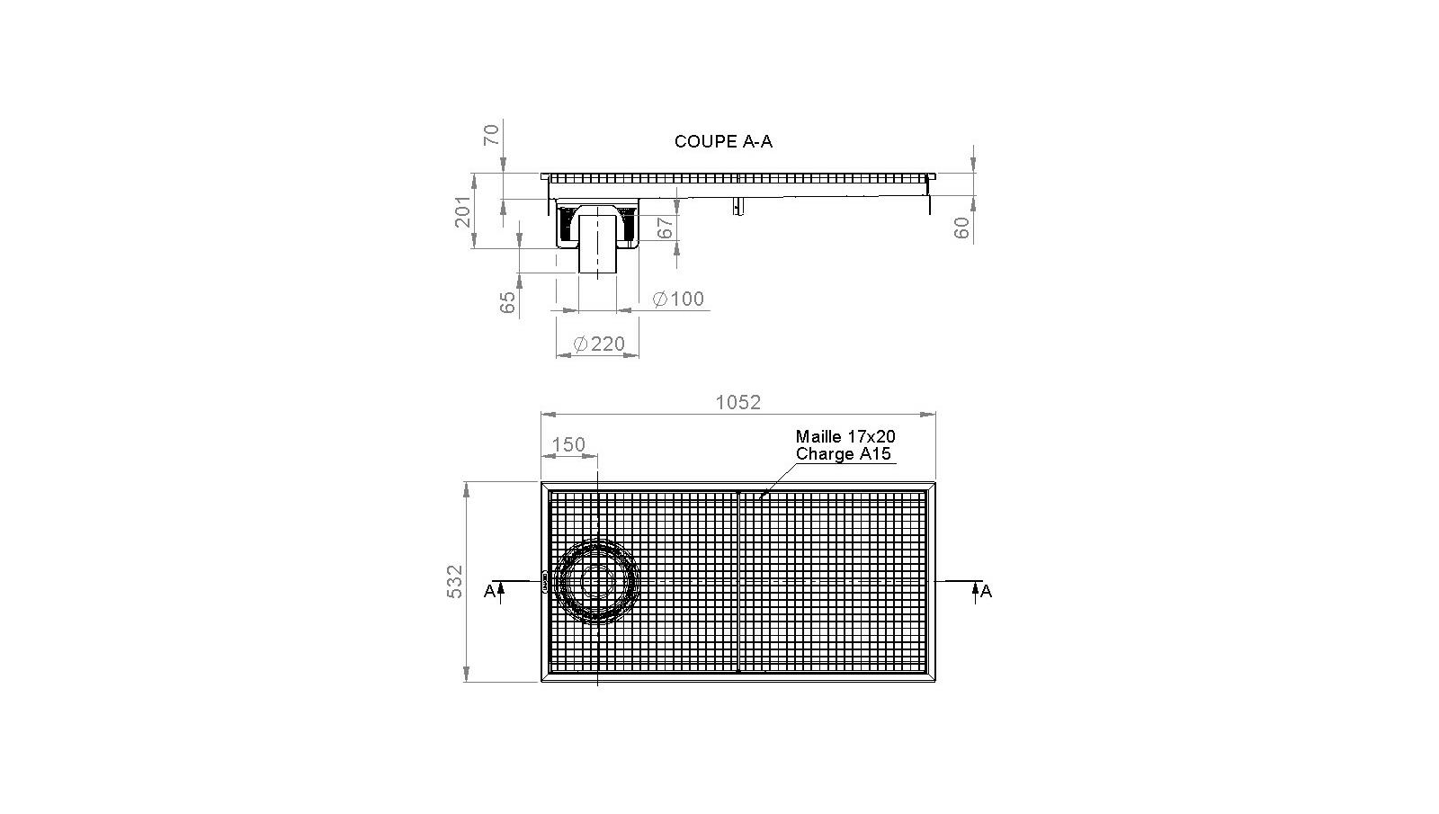 Schéma - RV5.10 - Caniveau Rivière® 1052x532 à sortie verticale 100 mm