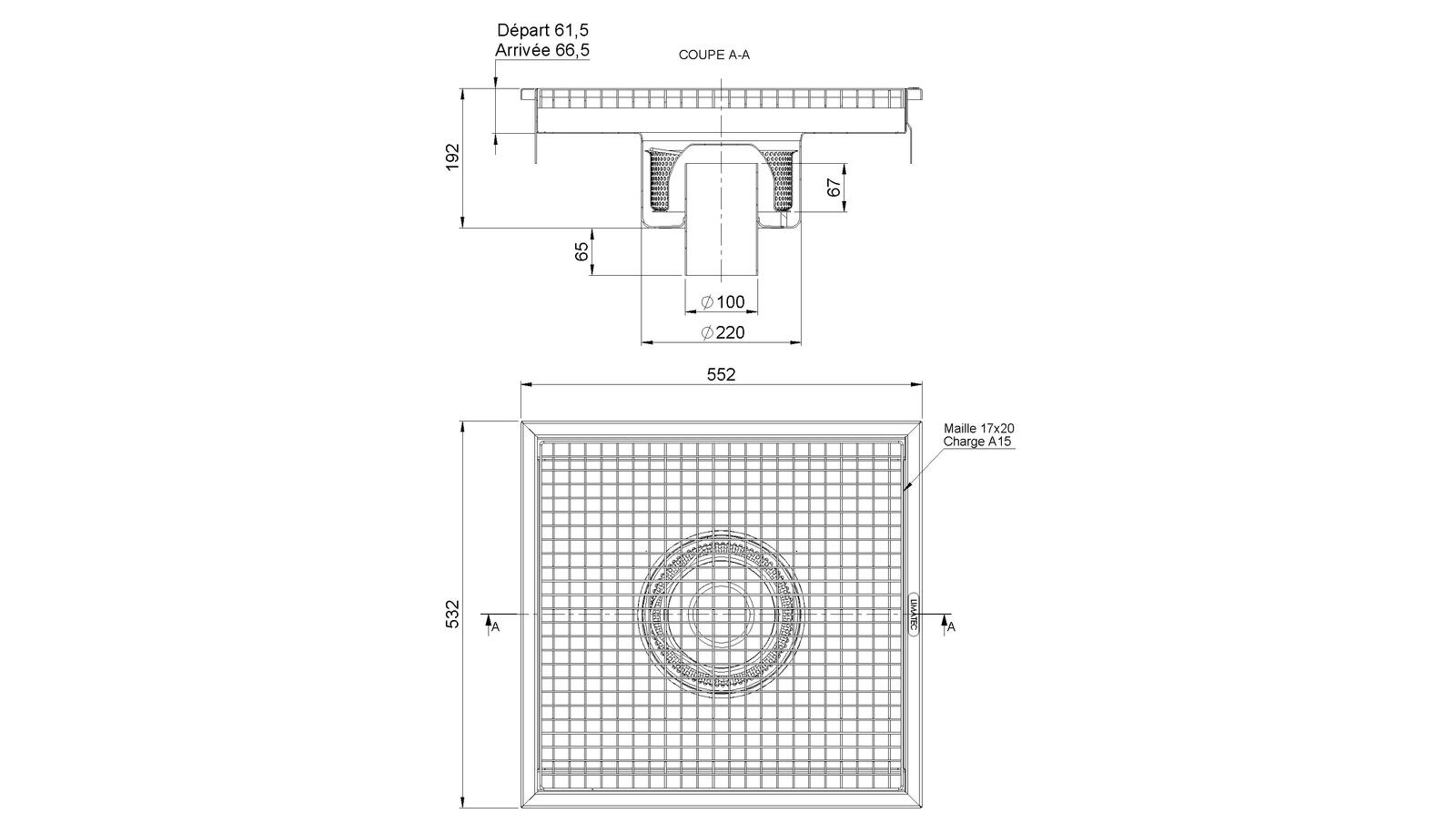 Schéma - RV5.5 - Caniveau Rivière® 552x532 à sortie verticale 100 mm