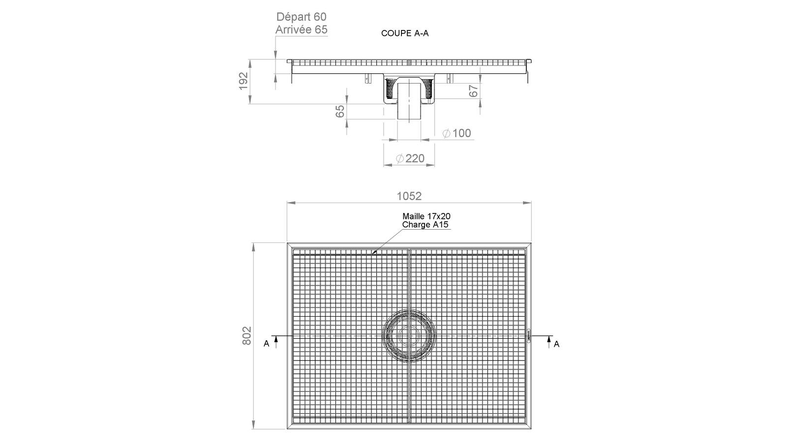 Schéma - RV8.10 - Caniveau Rivière® 1052x802 à sortie verticale 100 mm