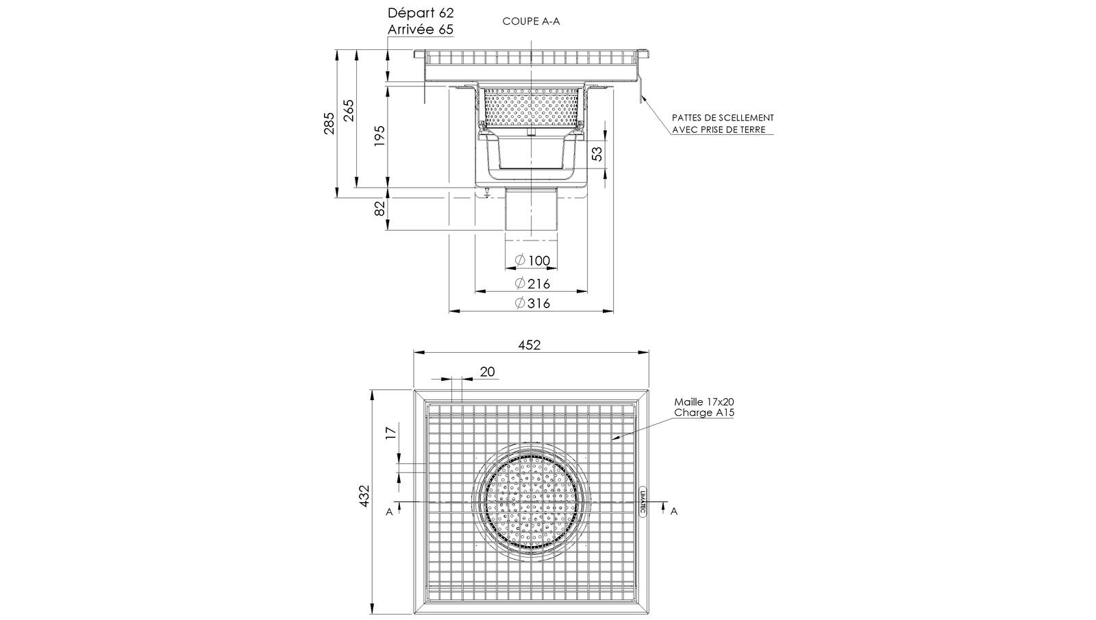 Schéma - RVI4.4 - Rivière® drainage channel 452x432 with a vertical outlet 100 mm