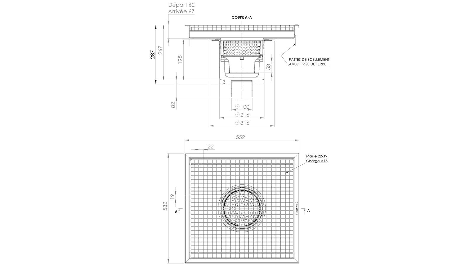 Schéma - RVI5.5 - Rivière® drainage channel 552x532 with a vertical outlet 100 mm