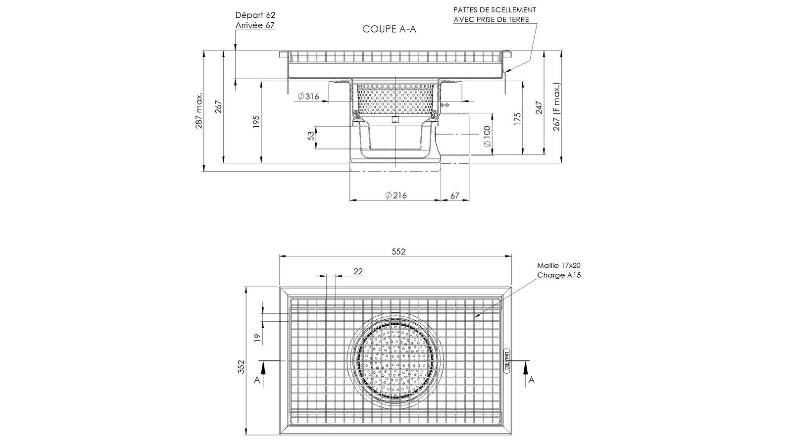 Schéma - RVIL3.5C - Caniveau Rivière® 552x352 à sortie latérale 100 mm