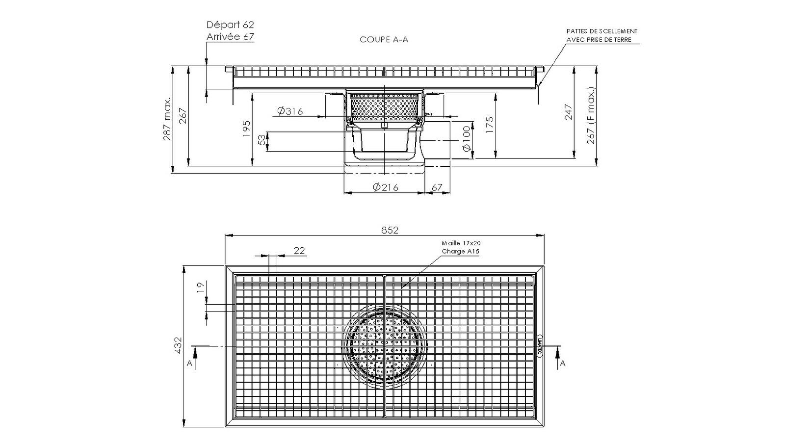 Schéma - RVIL4.8 - Rivière® drainage channel 852x432 with a side outlet 100 mm